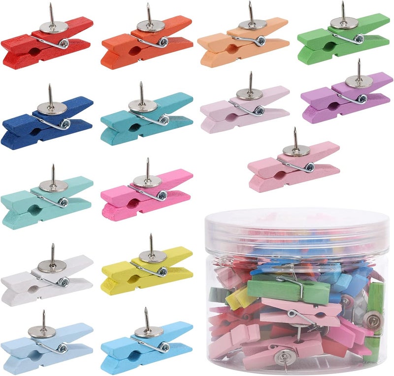 acDesign 50Pcs Wooden Clips Push Pins Tacks for Cork Board Artwork for Crafts Arts Projects Photo Supplies(Colorful) - Image 1